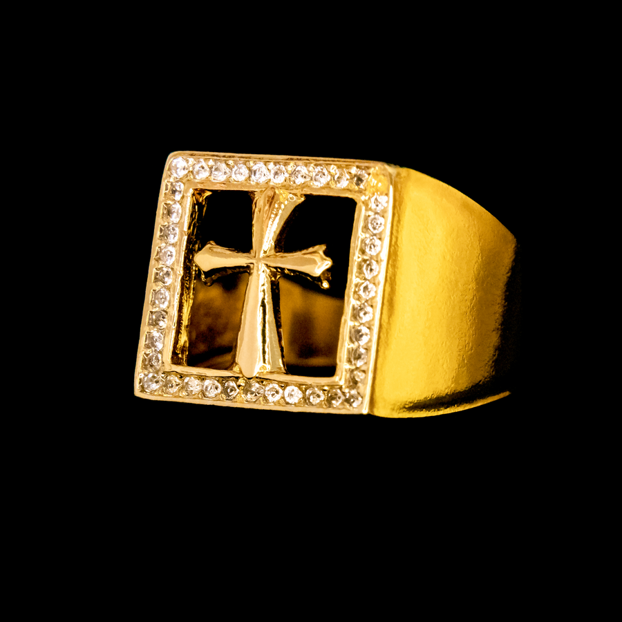 Anel Borda Cravejada Cruz (Banhado a Ouro 18K)