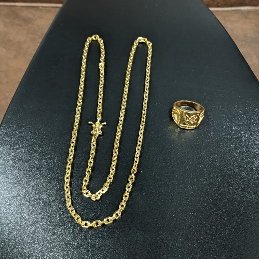 Corrente Cadeado 3mm + Anel Águia (Banhado A Ouro 18K)