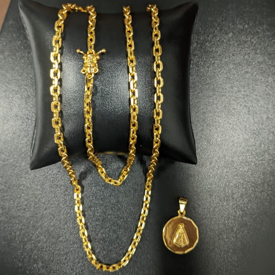 Corrente Cadeado 2mm + Pingente Nossa Senhora do Carmo Redondo (Banhado A Ouro 18K)