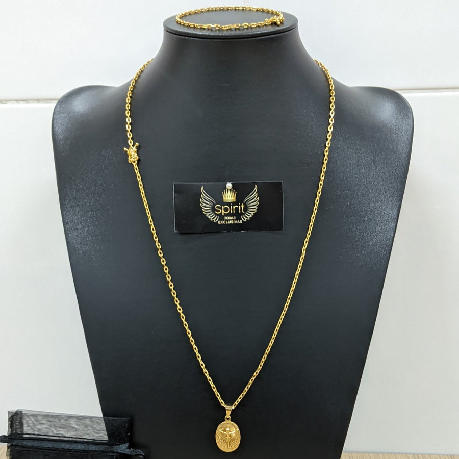 Corrente e Pulseira Cadeado 2mm + Pingente Cristo Oval (Banhado a Ouro 18K)