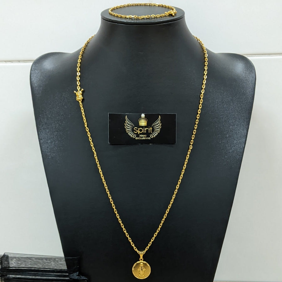 Corrente e Pulseira Cadeado 2mm + Pingente Nossa Senhora do Carmo Redondo (Banhado a Ouro 18K)