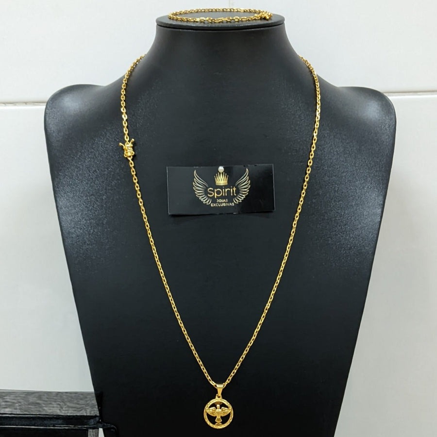 Corrente e Pulseira Cadeado 2mm + Pingente Espírito Santo Vazado (Banhado a Ouro 18K)