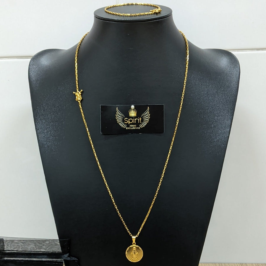 Corrente e Pulseira Tijolinho 1,8mm + Pingente Nossa Senhora do Carmo Redondo (Banhado a Ouro 18K)