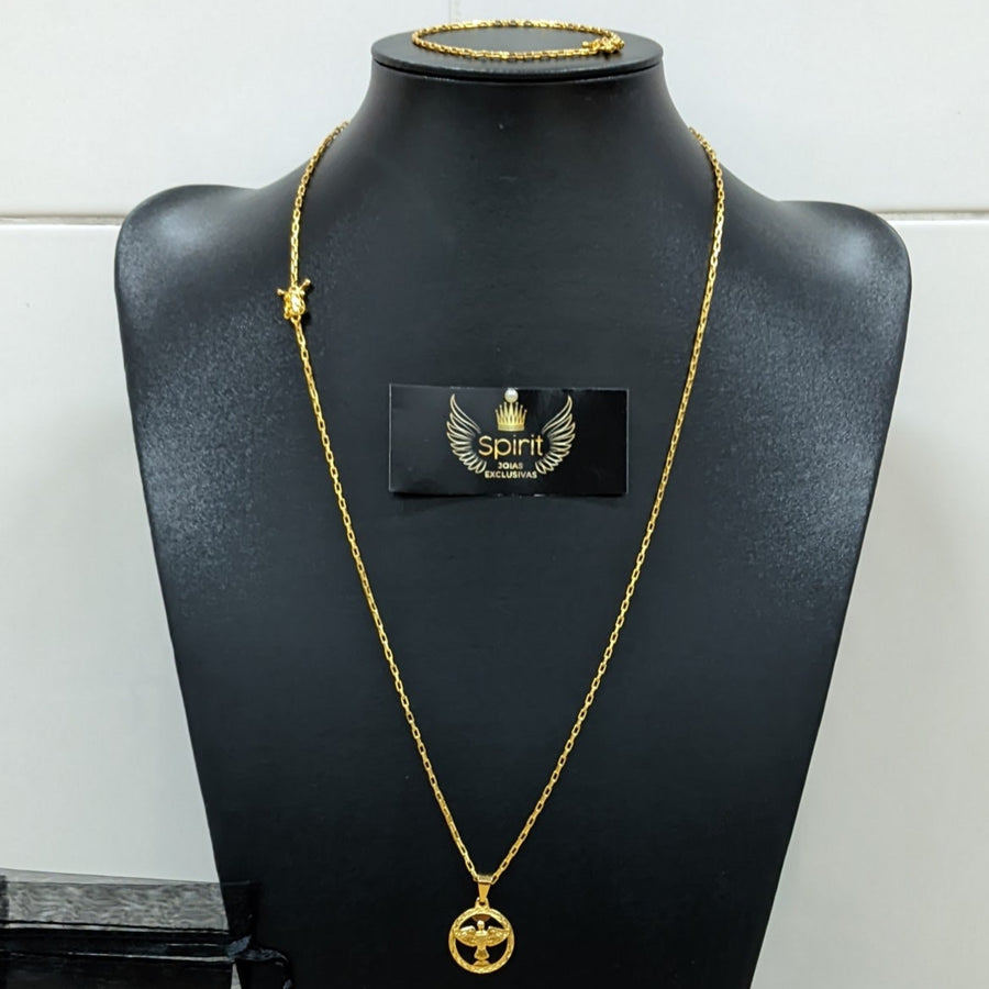 Corrente e Pulseira Tijolinho 1,8mm + Pingente Espírito Santo Vazado (Banhado a Ouro 18K)