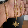 Corrente + Pulseira Cadeado Alongado 5mm + Pingente Folha de Cannabis (Banhado A Ouro 18K)