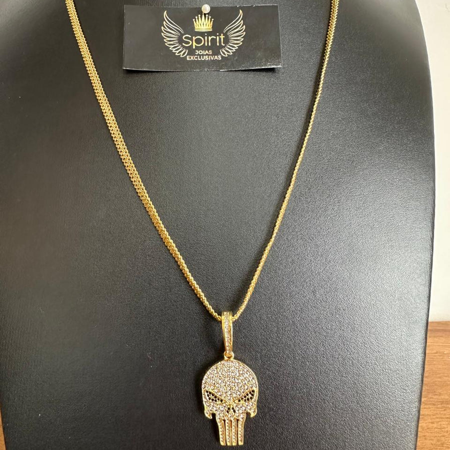 Corrente Lacraia 4,3mm + Pingente Caveira Cravejada (Banhado A Ouro 18K)